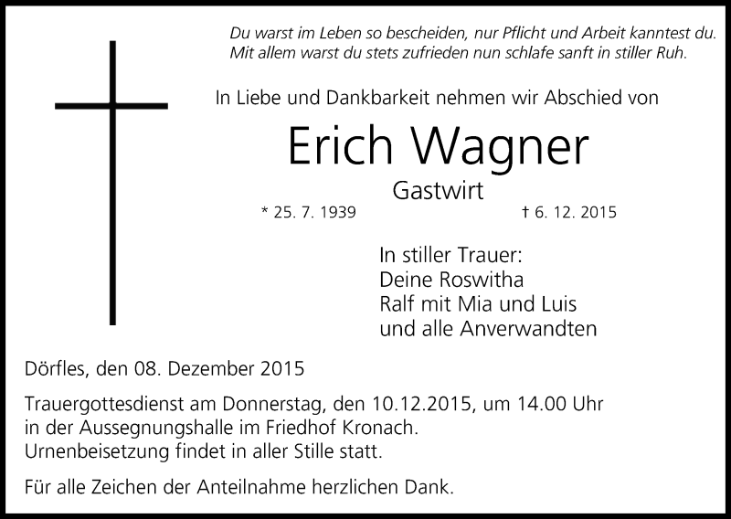  Traueranzeige für Erich Wagner vom 08.12.2015 aus MGO