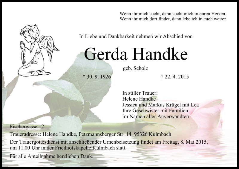  Traueranzeige für Gerda Handke vom 06.05.2015 aus MGO