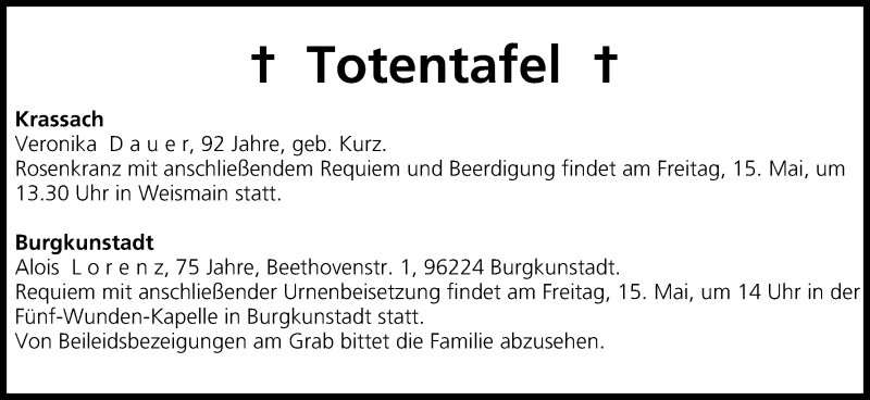  Traueranzeige für Totentafel vom 14.05.2015 vom 14.05.2015 aus MGO