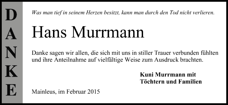  Traueranzeige für Hans Murrmann vom 14.02.2015 aus MGO