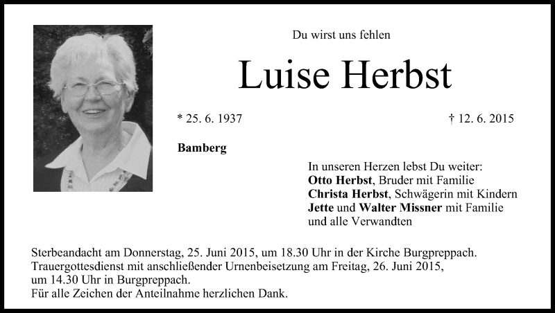  Traueranzeige für Luise Herbst vom 23.06.2015 aus MGO