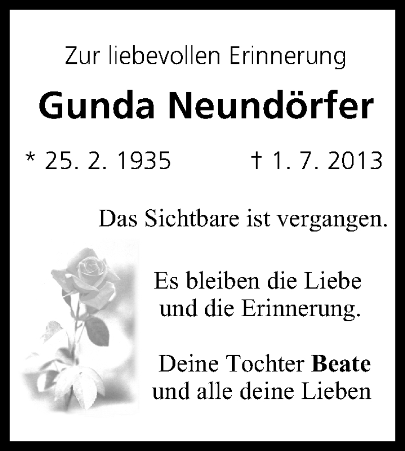  Traueranzeige für Gunda Neundörfer vom 01.07.2015 aus MGO