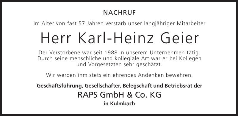  Traueranzeige für Karl-Heinz Geier vom 07.03.2015 aus MGO