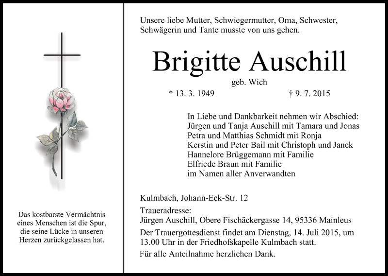  Traueranzeige für Brigitte Auschill vom 11.07.2015 aus MGO