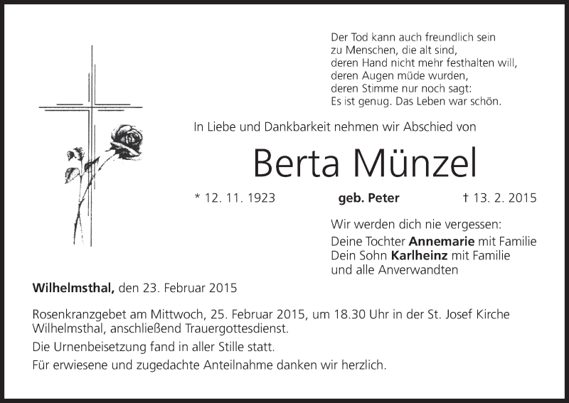  Traueranzeige für Berta Münzel vom 23.02.2015 aus MGO