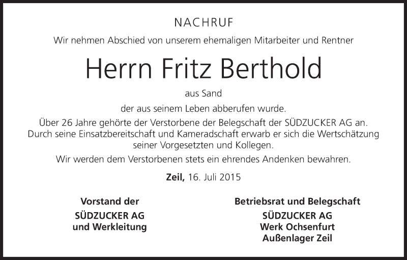 Traueranzeige für Fritz Berthold vom 16.07.2015 aus MGO