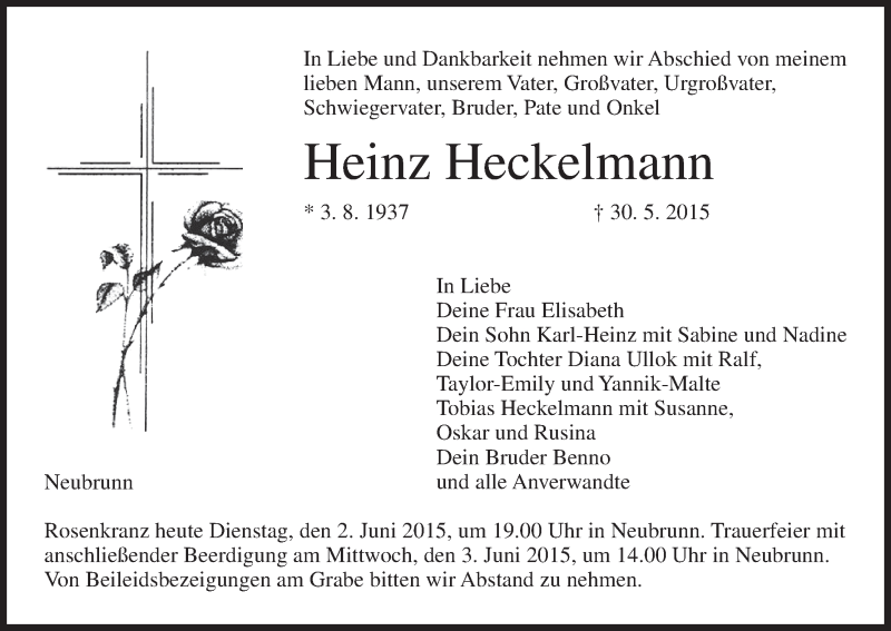  Traueranzeige für Heinz Heckelmann vom 02.06.2015 aus MGO