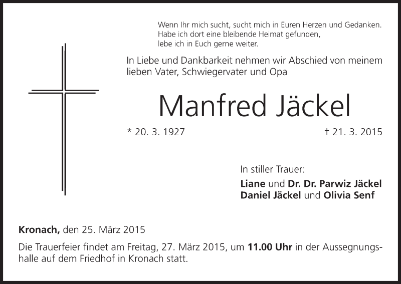 Traueranzeige für Manfred Jäckel vom 25.03.2015 aus MGO