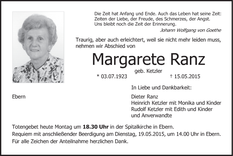  Traueranzeige für Margarete Ranz vom 18.05.2015 aus MGO
