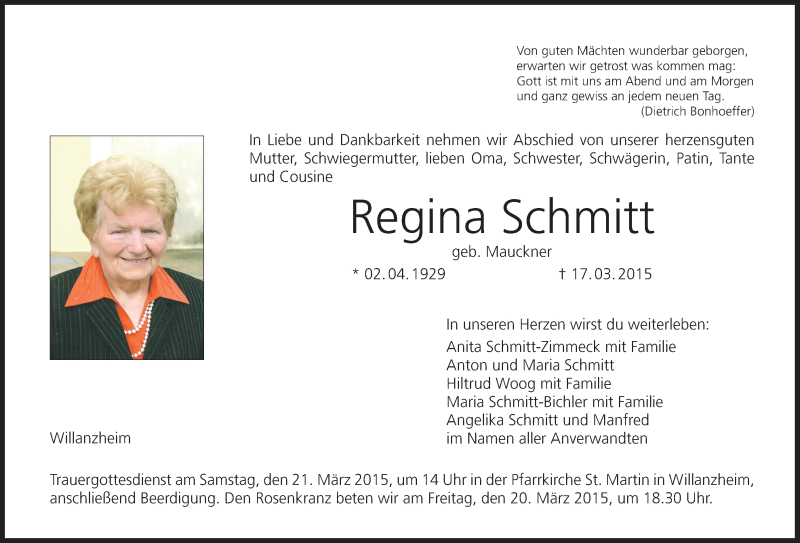  Traueranzeige für Regina Schmitt vom 19.03.2015 aus MGO