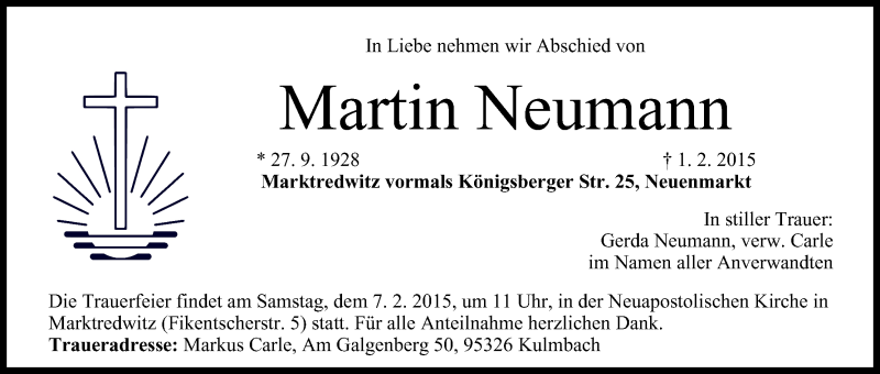  Traueranzeige für Martin Neumann vom 05.02.2015 aus MGO