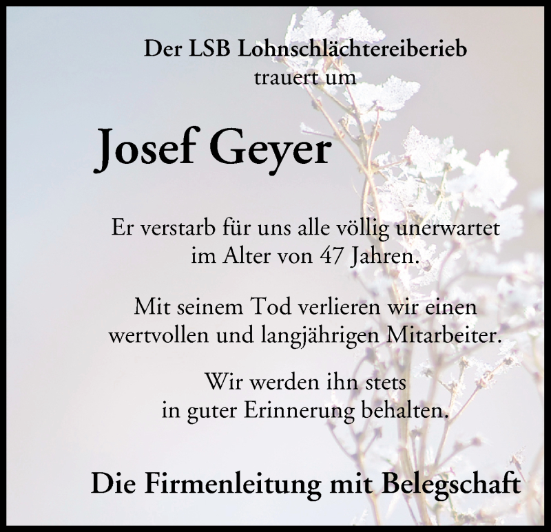  Traueranzeige für Josef Geyer vom 09.04.2015 aus MGO