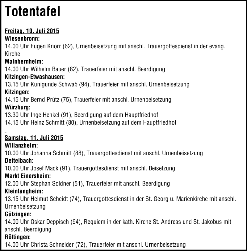  Traueranzeige für Wilhelm Bauer vom 10.07.2015 aus MGO