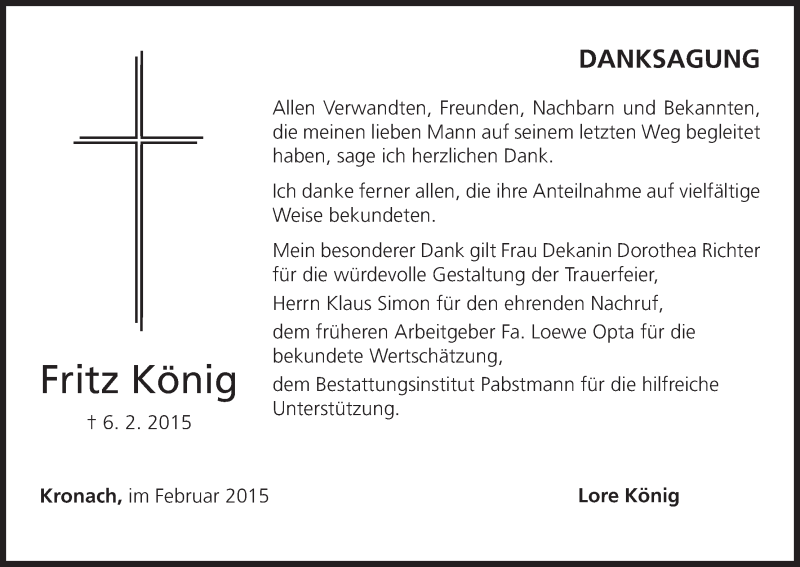  Traueranzeige für Fritz König vom 24.02.2015 aus MGO