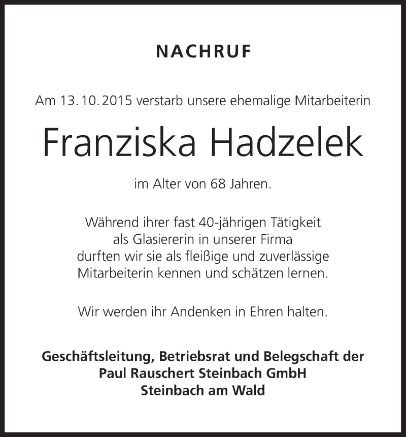  Traueranzeige für Franziska Hadzelek vom 15.10.2015 aus MGO
