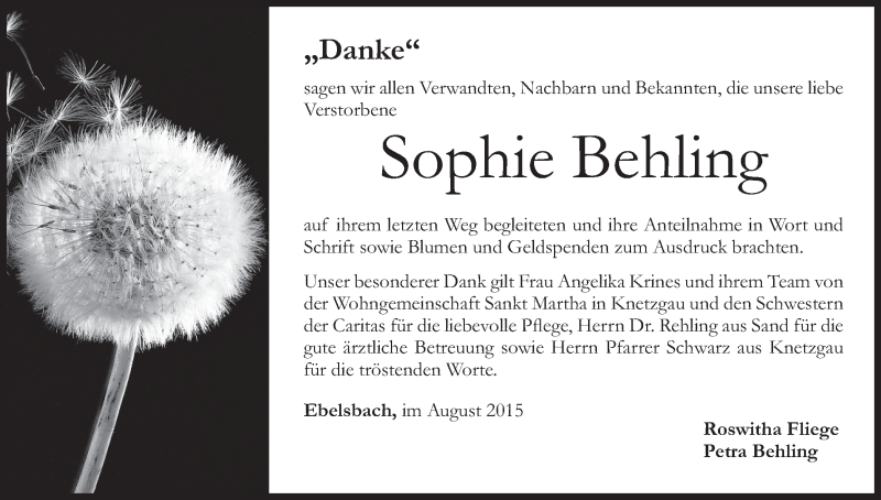  Traueranzeige für Sophie Behling vom 29.08.2015 aus MGO