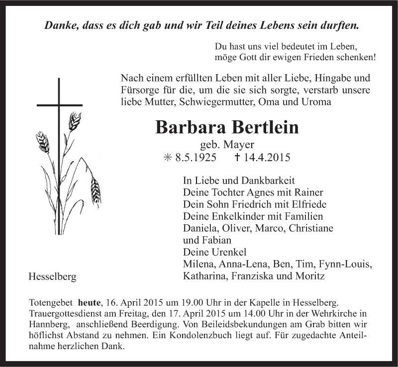  Traueranzeige für Barbara Bertlein vom 16.04.2015 aus MGO