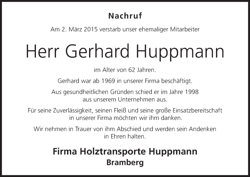  Traueranzeige für Gerhard Huppmann vom 06.03.2015 aus MGO