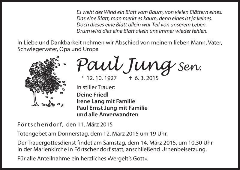  Traueranzeige für Paul Jung vom 11.03.2015 aus MGO