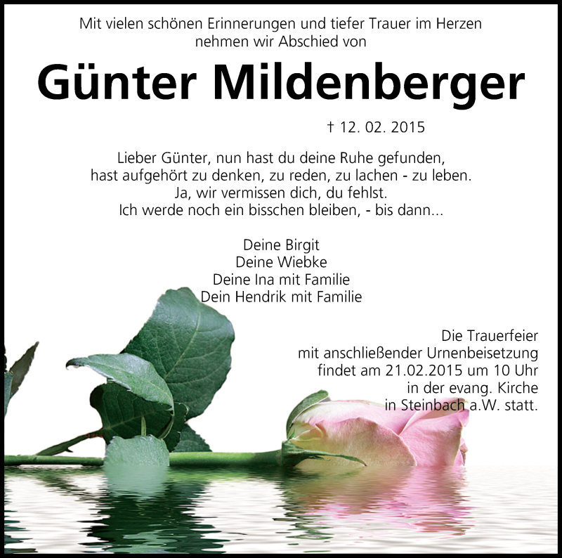  Traueranzeige für Günter Mildenberger vom 19.02.2015 aus MGO