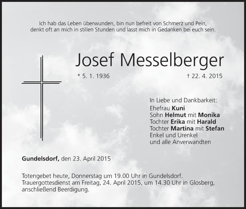  Traueranzeige für Josef Messelberger vom 23.04.2015 aus MGO