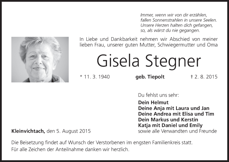  Traueranzeige für Gisela Stegner vom 05.08.2015 aus MGO
