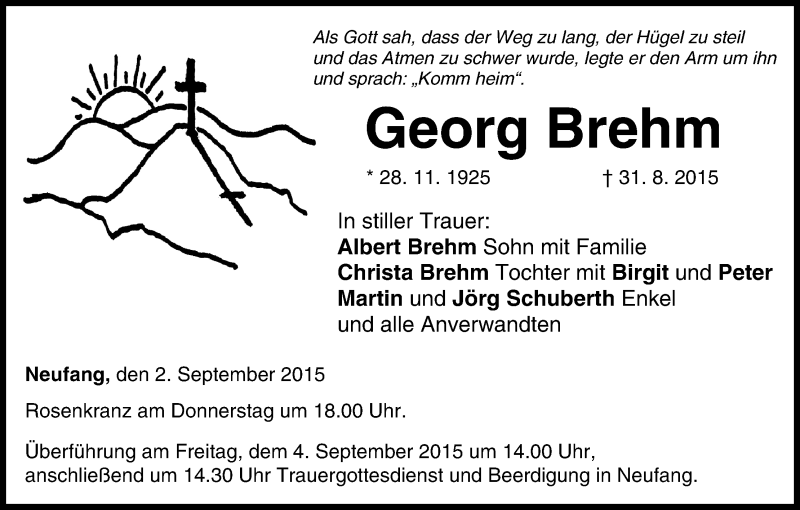  Traueranzeige für Georg Brehm vom 02.09.2015 aus MGO