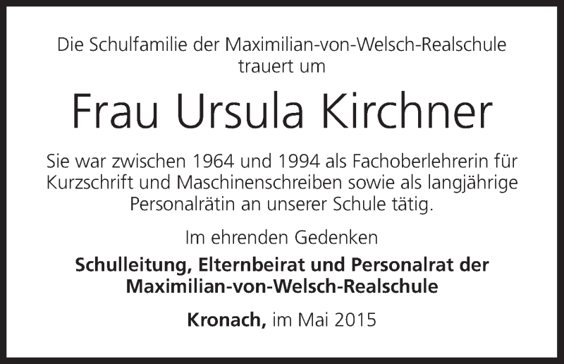  Traueranzeige für Ursula Kirchner vom 28.05.2015 aus MGO