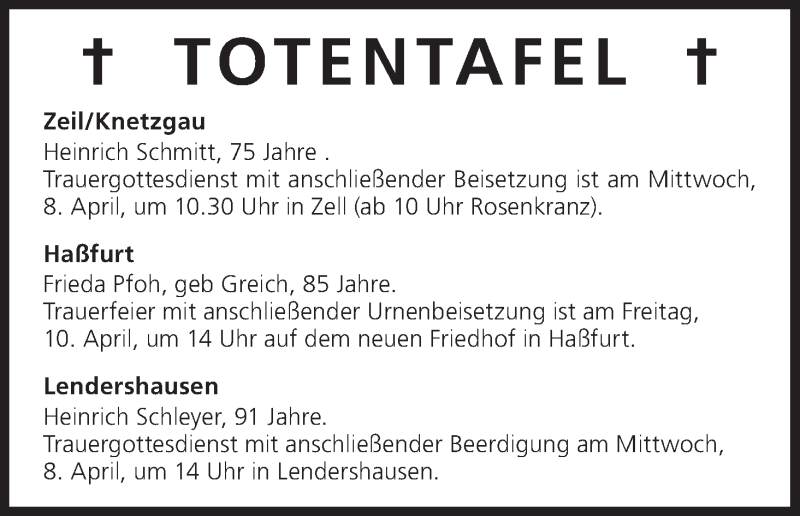  Traueranzeige für Totentafel vom 07.04.2015 vom 07.04.2015 aus MGO