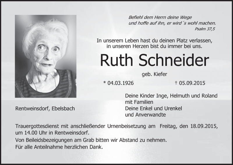  Traueranzeige für Ruth Schneider vom 16.09.2015 aus MGO
