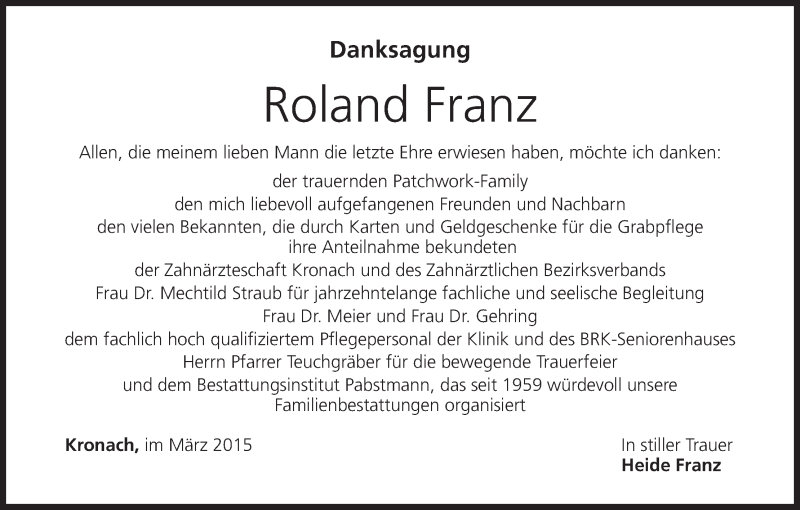  Traueranzeige für Roland Franz vom 28.03.2015 aus MGO