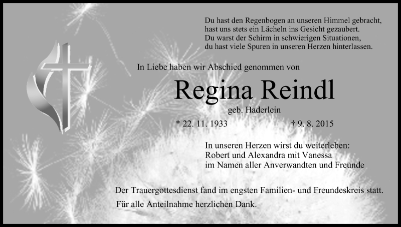  Traueranzeige für Regina Reindl vom 15.08.2015 aus MGO
