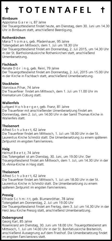  Traueranzeige für Appolonia Gareis vom 30.06.2015 aus MGO