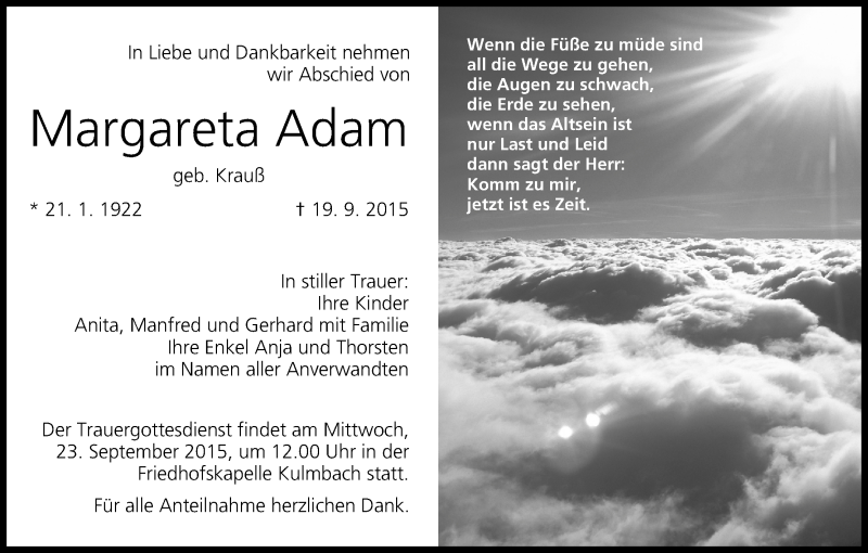  Traueranzeige für Margareta Adam vom 21.09.2015 aus MGO