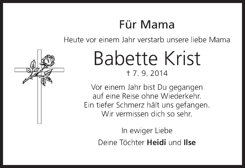  Traueranzeige für Babette Krist vom 07.09.2015 aus MGO