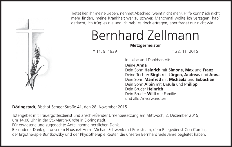  Traueranzeige für Bernhard Zeltmann vom 28.11.2015 aus MGO