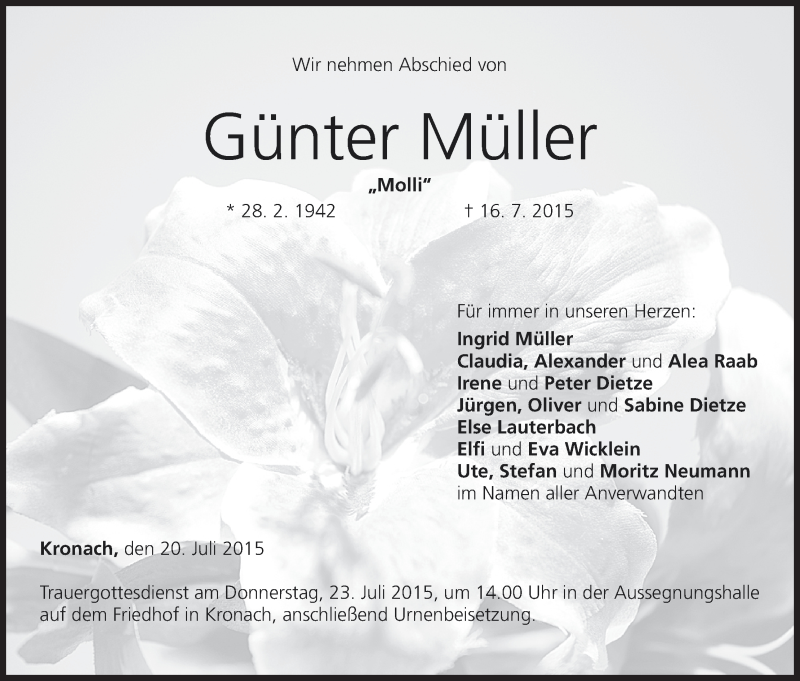  Traueranzeige für Günter Müller vom 20.07.2015 aus MGO