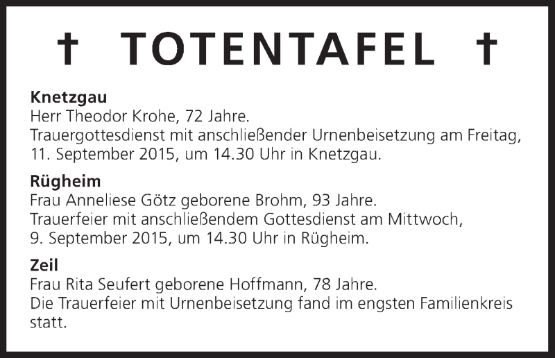  Traueranzeige für Totentafel vom 08.09.2015 vom 08.09.2015 aus MGO