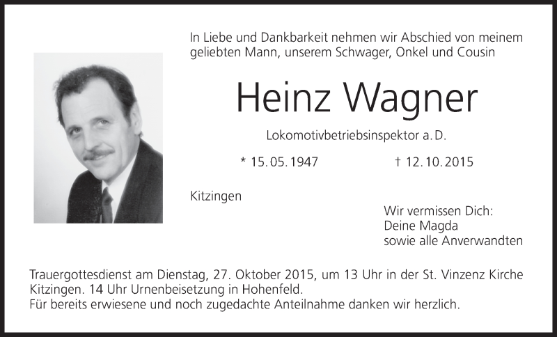  Traueranzeige für Heinz Wagner vom 24.10.2015 aus MGO