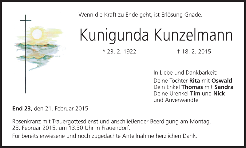  Traueranzeige für Kunigunda Kunzelmann vom 21.02.2015 aus MGO