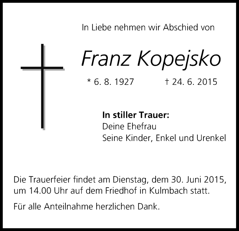  Traueranzeige für Franz Kopejsko vom 27.06.2015 aus MGO