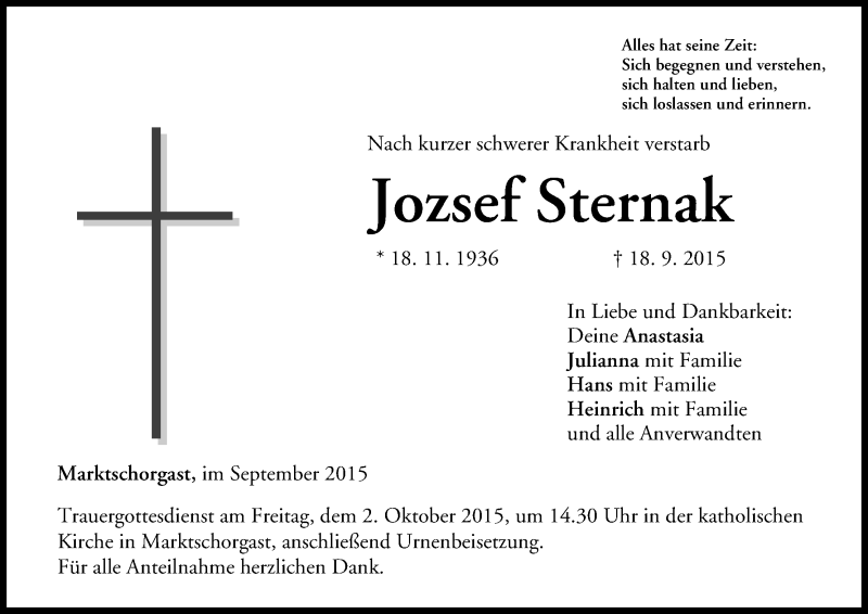  Traueranzeige für Jozsef Sternak vom 30.09.2015 aus MGO