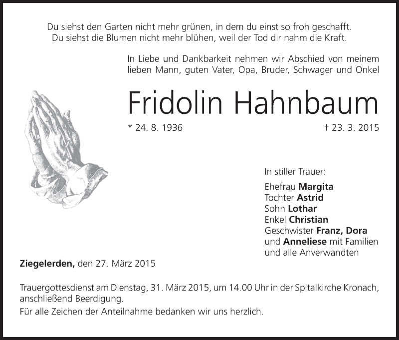  Traueranzeige für Fridolin Hahnbaum vom 27.03.2015 aus MGO