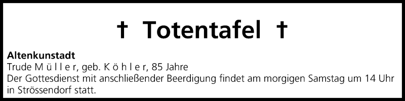  Traueranzeige für Totentafel  vom 31.01.2015 aus MGO