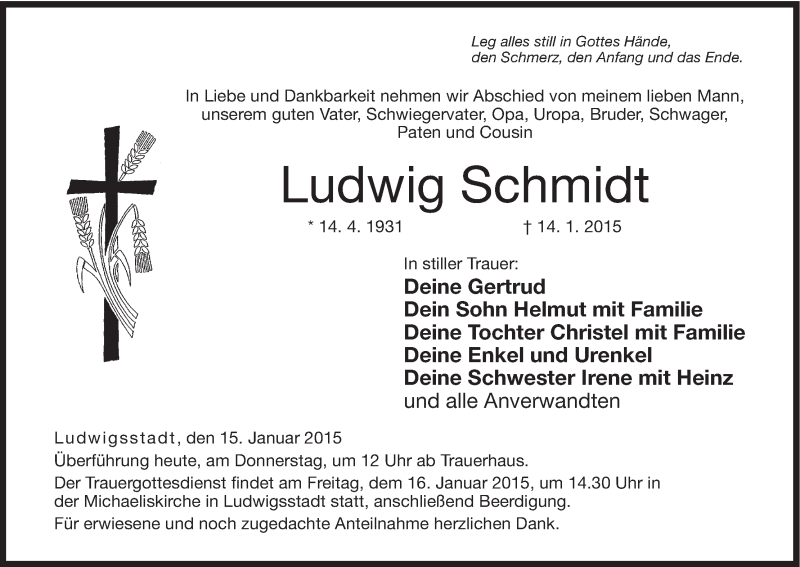  Traueranzeige für Ludwig Schmidt vom 15.01.2015 aus MGO