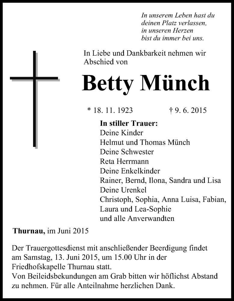  Traueranzeige für Betty Münch vom 11.06.2015 aus MGO