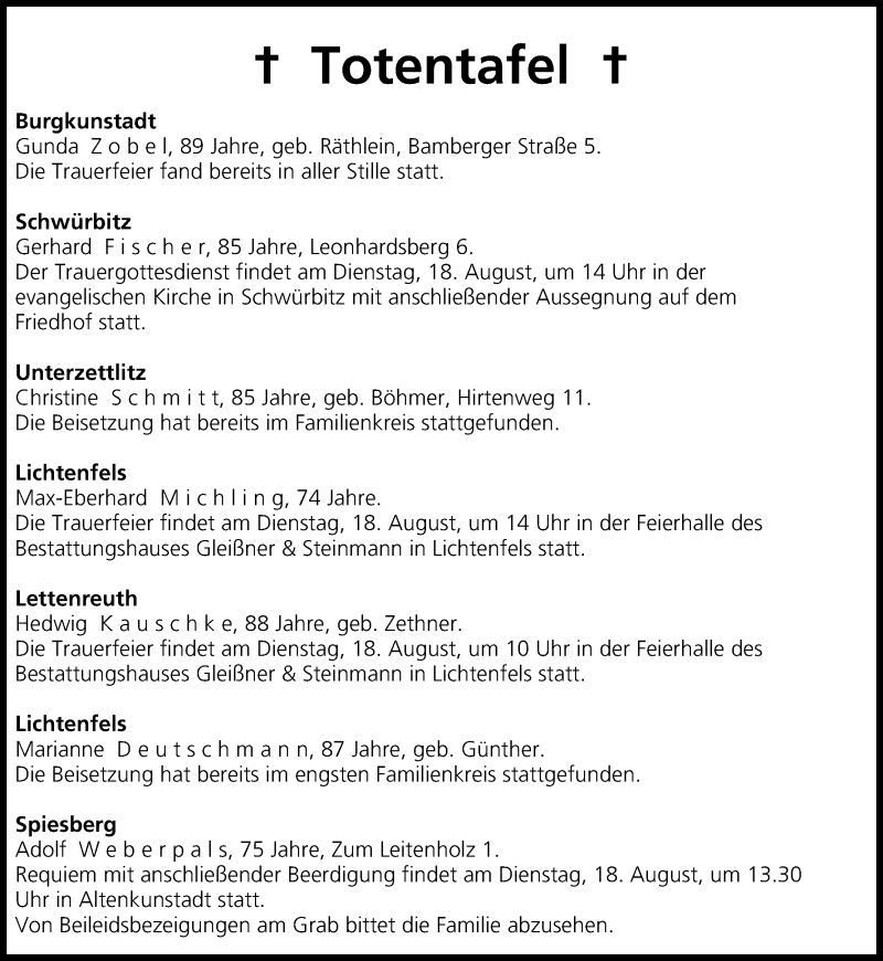 Traueranzeige für Totentafel vom 18.08.2015 vom 18.08.2015 aus MGO