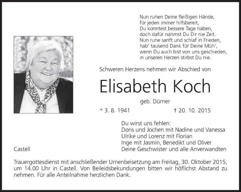  Traueranzeige für Elisabeth Koch vom 27.10.2015 aus MGO