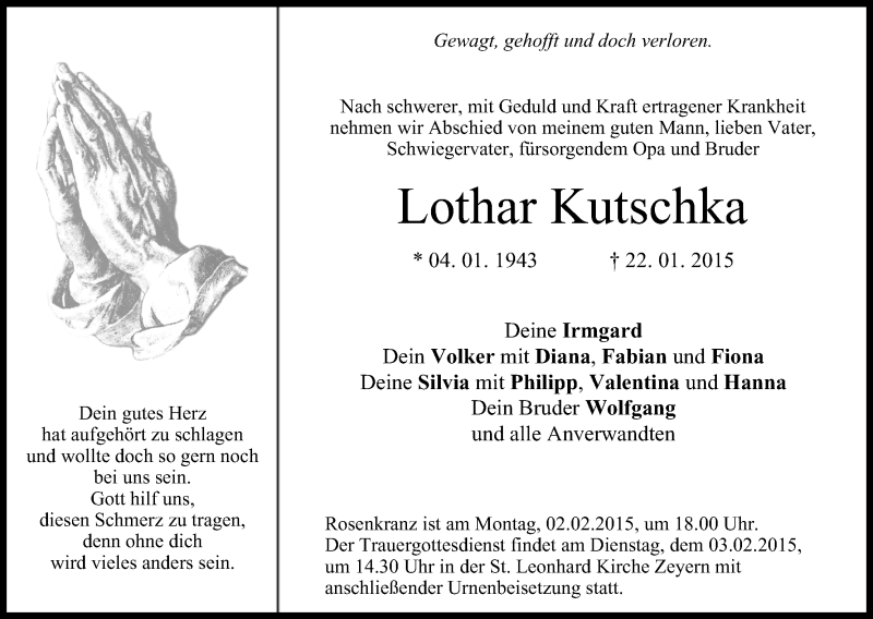  Traueranzeige für Lothar Kutschka vom 31.01.2015 aus MGO