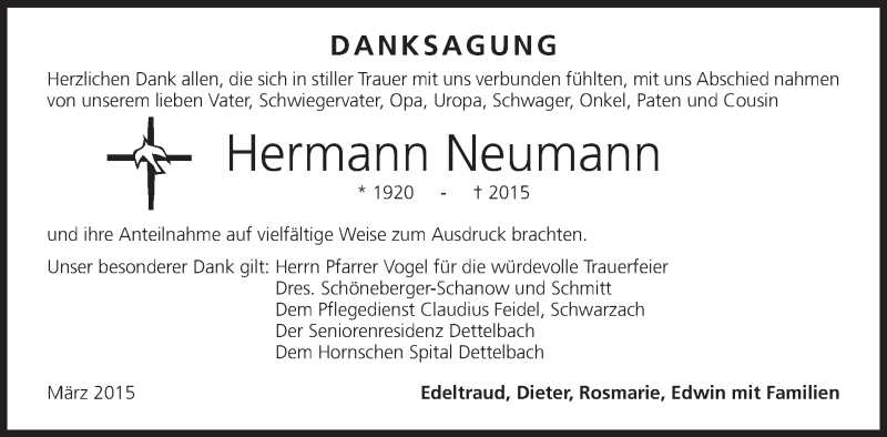  Traueranzeige für Hermann Neumann vom 14.03.2015 aus MGO
